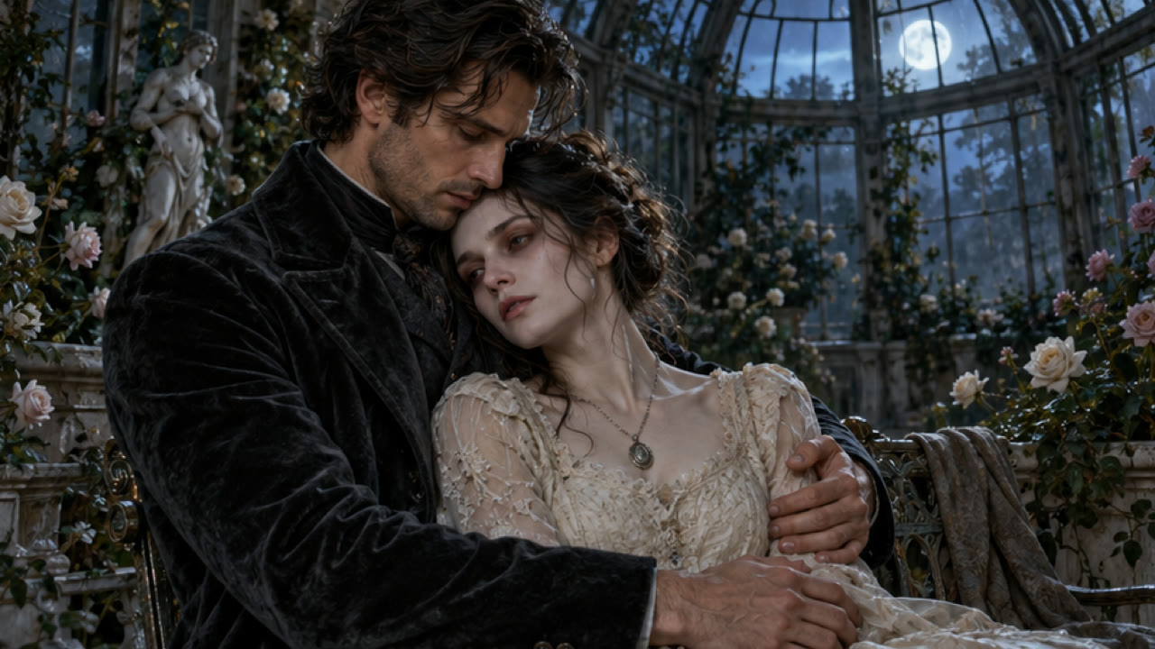 A human partner embraces a pale zombie partner in a moonlit glass conservatory.
