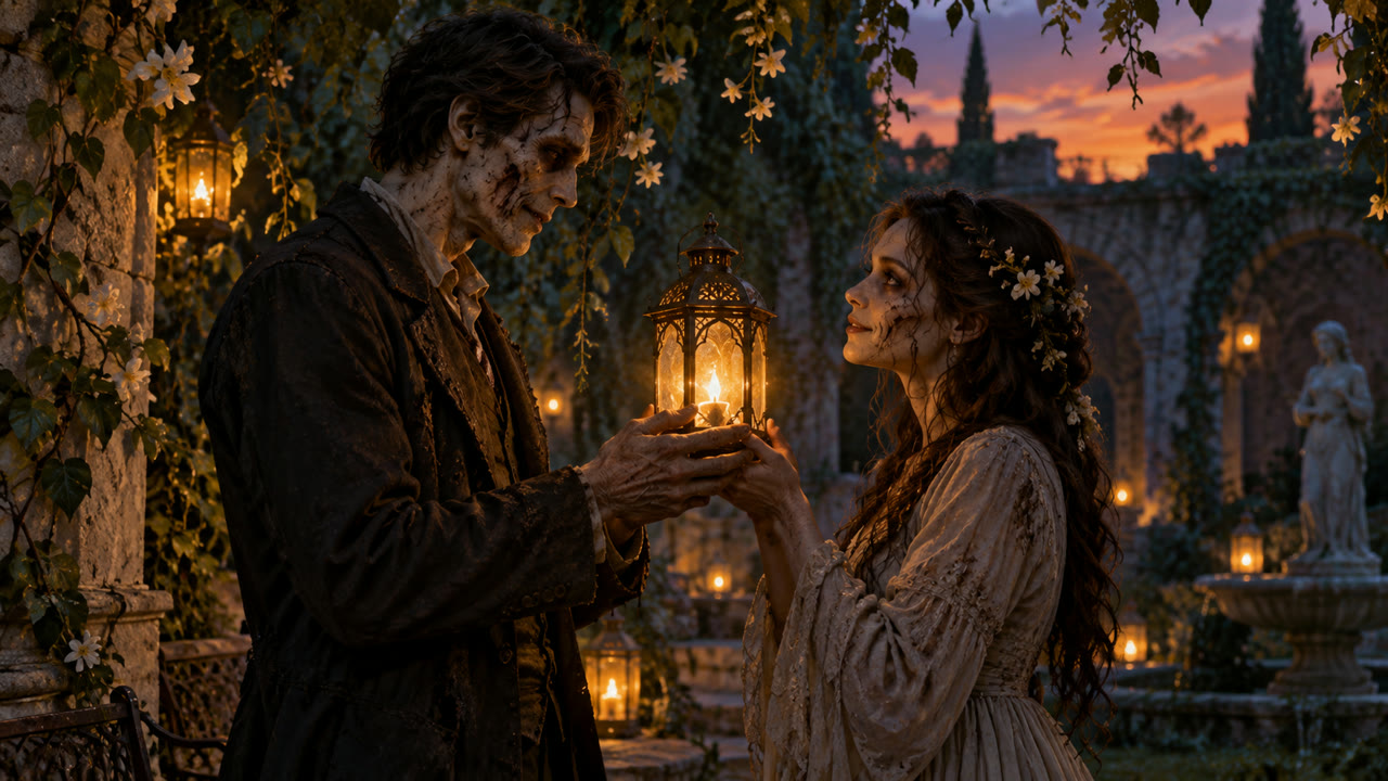 Two zombie lovers share a lantern-lit moment in an overgrown garden.