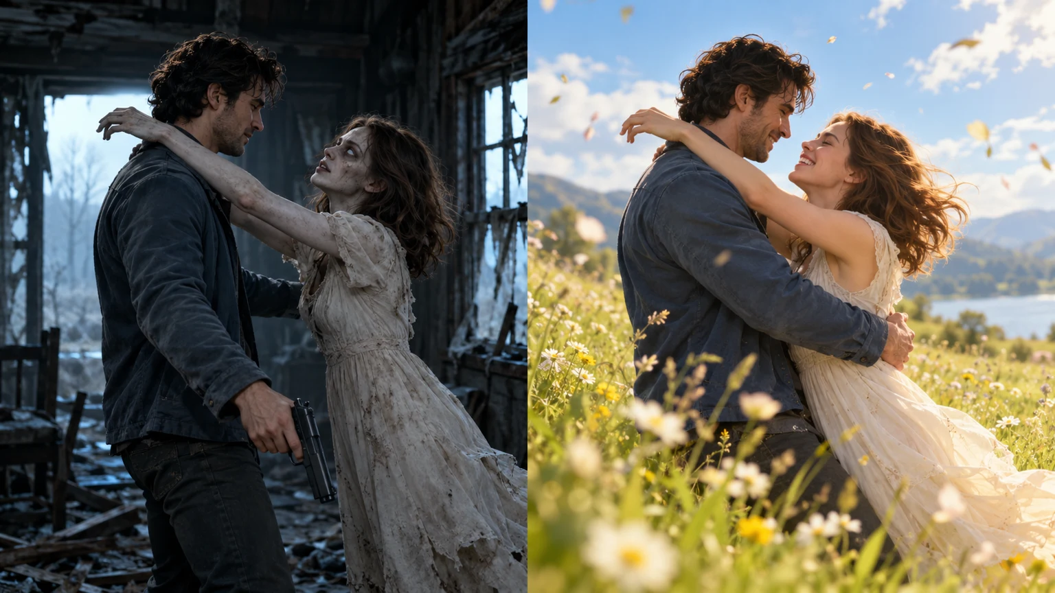 The couple shown as a human and a zombie, then as two humans in a meadow